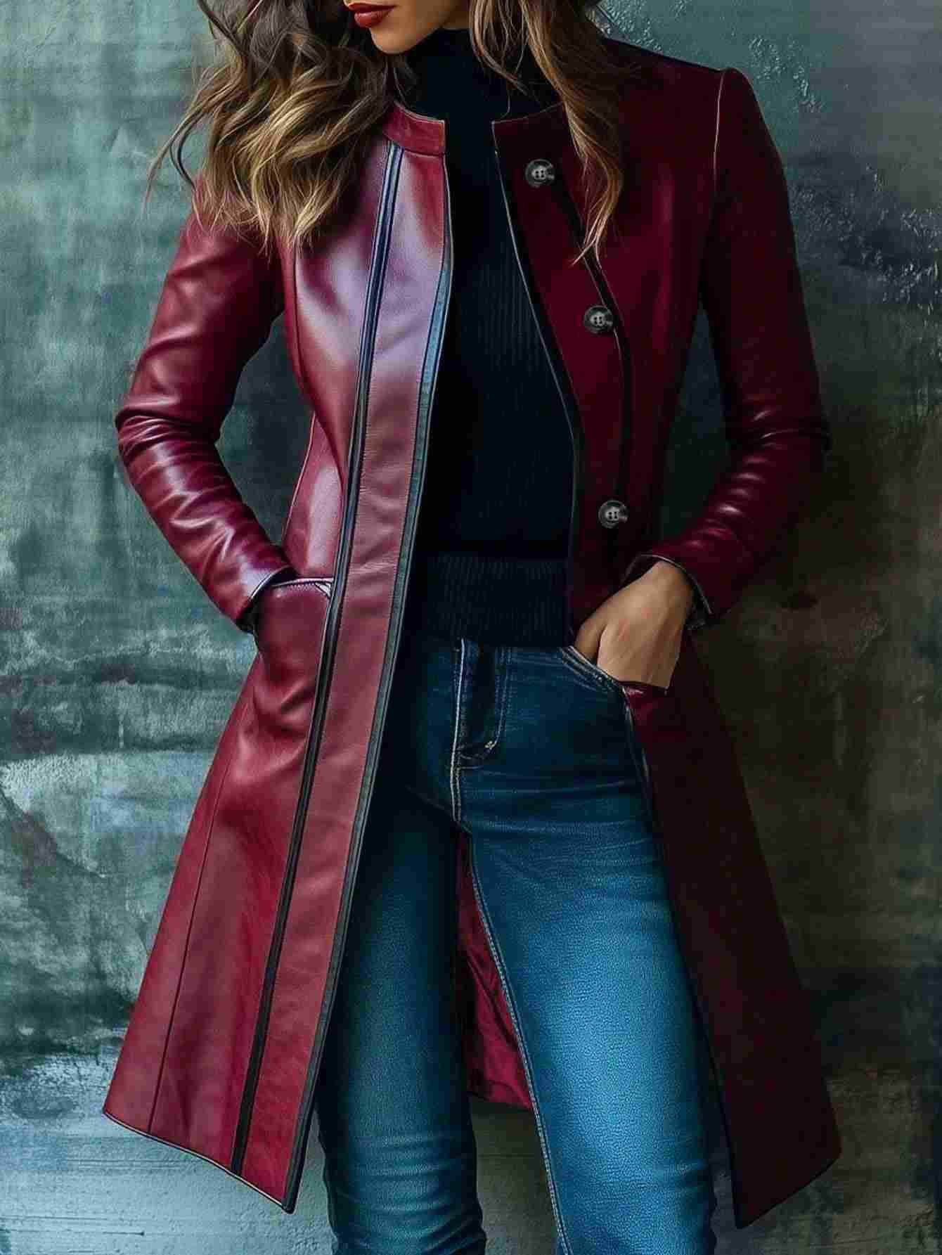 Retro Black Color-block Collar Leather Jacket Trench Coat