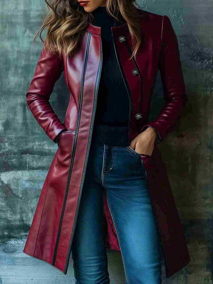 Retro Black Color-block Collar Leather Jacket Trench Coat