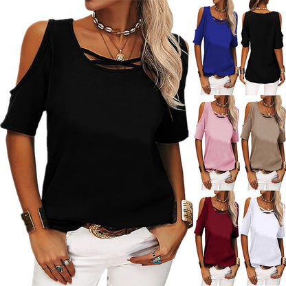 2026 Spring Summer European And American Women's Fashion Casual Solid Color Off Shoulder Loose Short Sleeved T-shirt