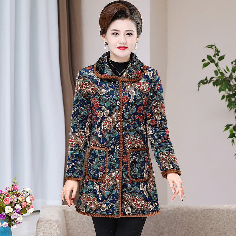 Womens Fashionable Floral-print Warm Plus-size Cotton Coat