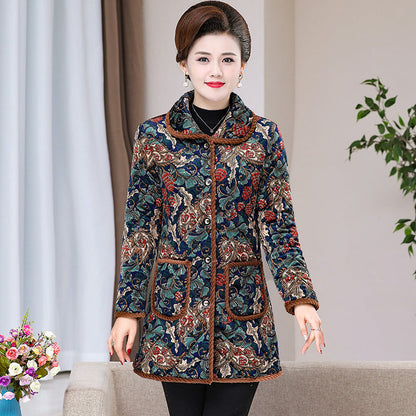 Womens Fashionable Floral-print Warm Plus-size Cotton Coat