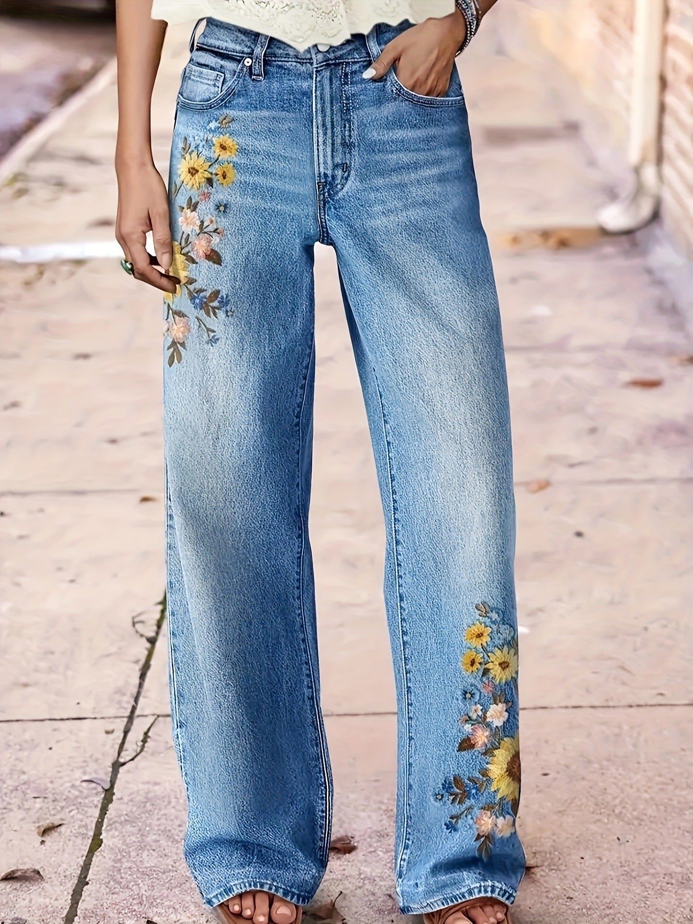 Floral-Embroidered Draped Wide-Leg Washed Denim Casual Trousers