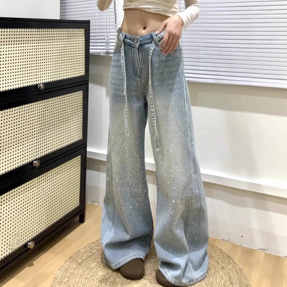 Babys-breath Hot-stone-embellished Wide-leg Denim Jeans For Women