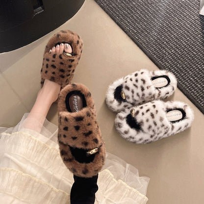 Hairy Slippers With Fashionable Leopard Print Toes For Home And Outdoor Wear, Warm Fur Slippers