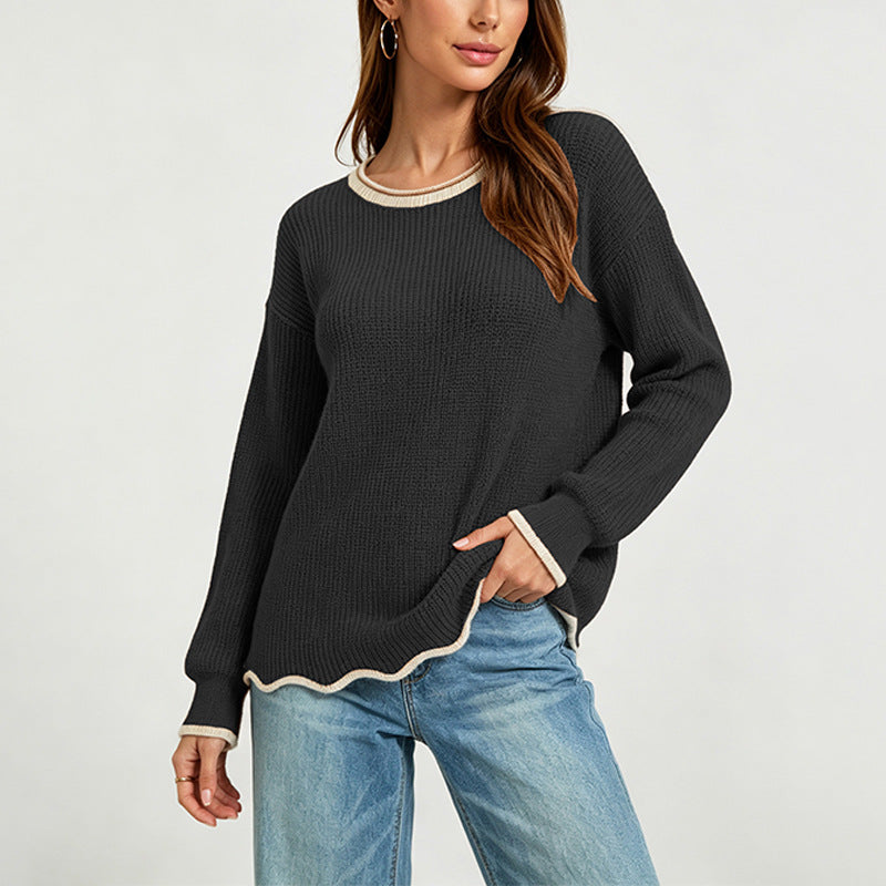 Womens Round-neck Loose-fit Versatile Knit Sweater