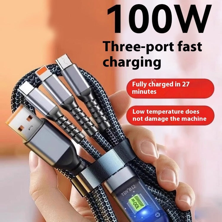 Mobile Phone Data Cable One-to-three Digital Display With Light Three-in-one Fast Charge Car Charging Cable