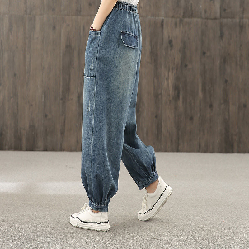 Plus-size Straight-leg Denim Cropped Pants Womens Korean-style Loose Fit