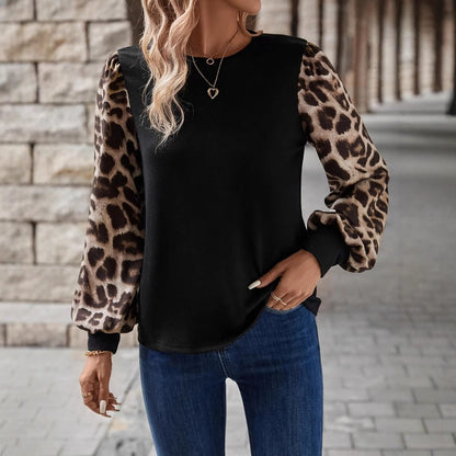 Fall  Winter New Arrival  Casual & Chic Leopard Print Long Sleeve Crew Neck Spliced T-Shirt Top