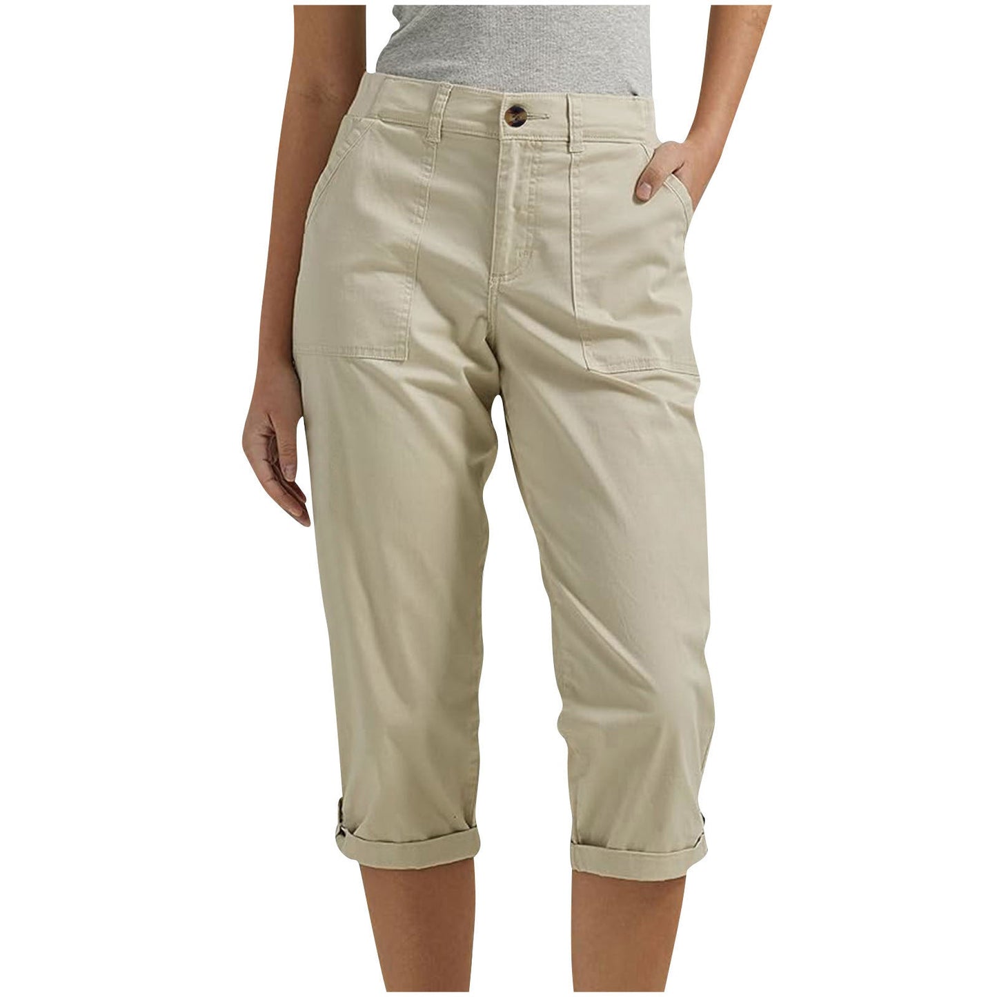 Womens Solid-color Buttoned Roll-up Capri Pants