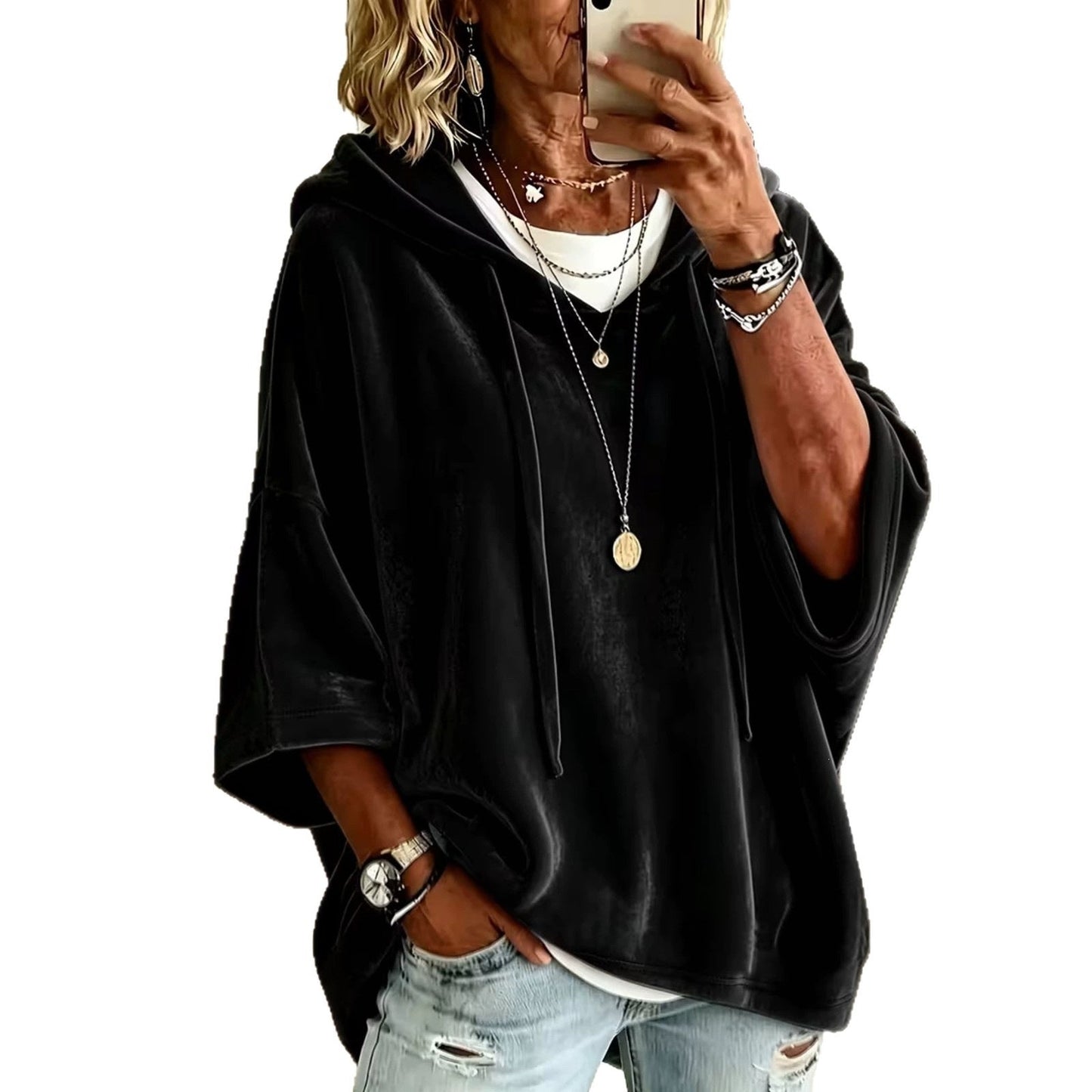 Women Velvet Batwing Short Sleeve Hoodie, Drawstring Loose Casual Solid Color Pullover Tops