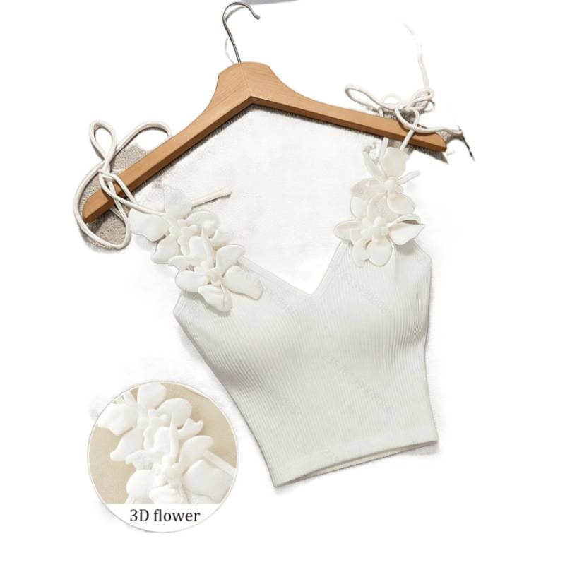 Solid Color Knitted Vest with 3D Floral Lace-up Detail - Women's Sleeveless Slim Fit Crochet Top for Casual Daily Wear