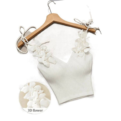 Solid Color Knitted Vest with 3D Floral Lace-up Detail - Women's Sleeveless Slim Fit Crochet Top for Casual Daily Wear