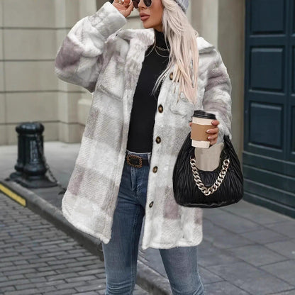 Womens Fallwinter Lambswool Lapel Loose-fit Casual Plaid Plush Long-sleeve Coat