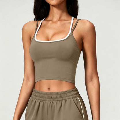 Color Block Sports Bra Halterneck Two Piece Faux Tank Top For Women
