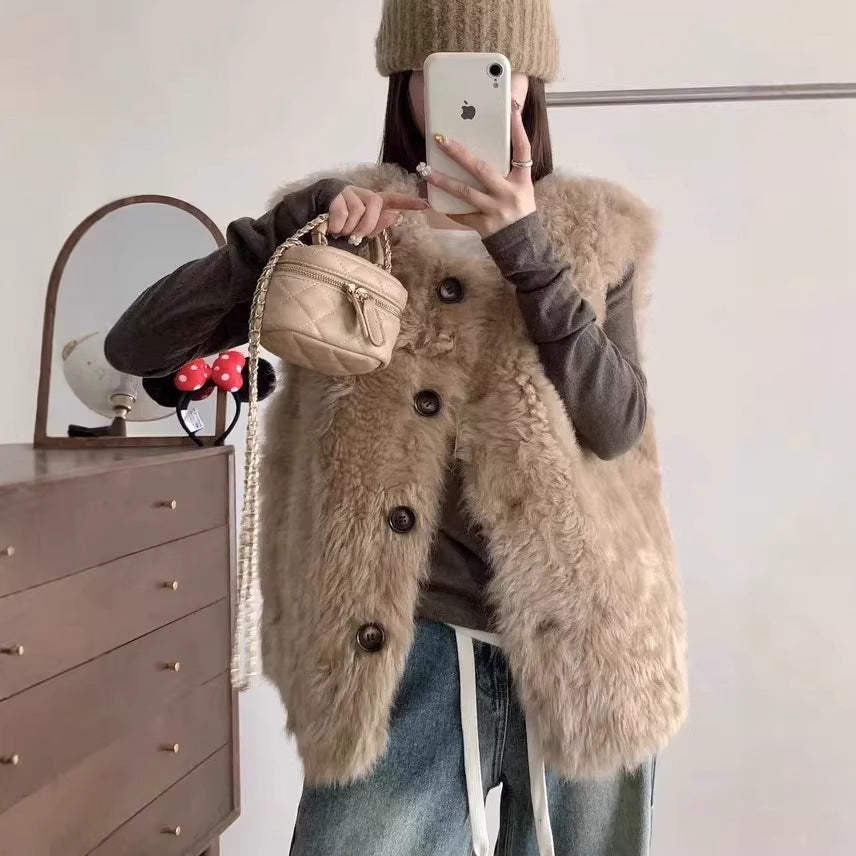 Sheepskin-look Vest Mid-length Leather-and-fur Vest