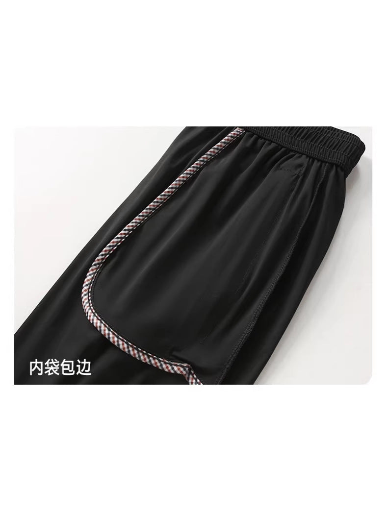 Solid Ice Silk Seven Length Casual Pants For Men Summer Cool Breathable Trousers 3 Zippered Pockets