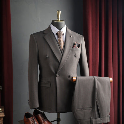 Men Dark Brown Peak Lapel Double Breasted 3 Piece Suit Set