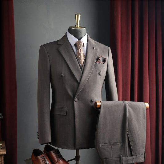 Men Dark Brown Peak Lapel Double Breasted 3 Piece Suit Set