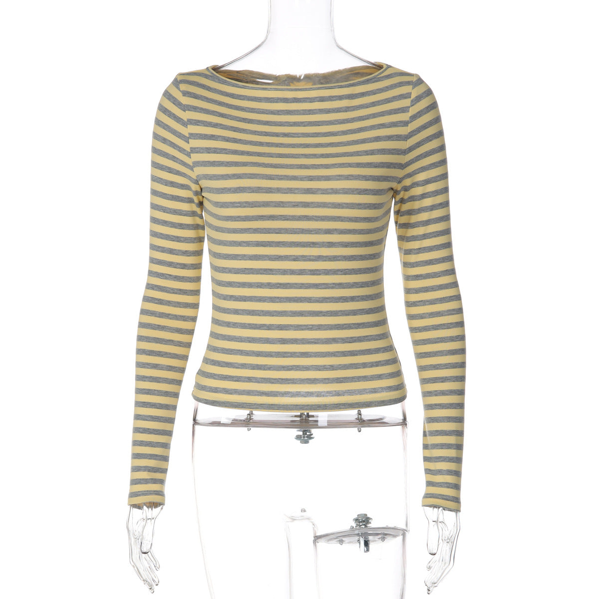 Stylish Crew-neck Long-sleeve Striped Slim-fit Top