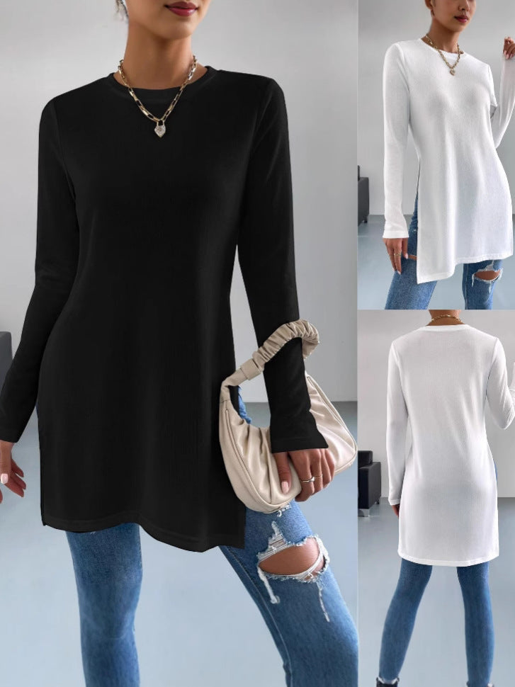 AliExpress Explosions Women's Long Sleeve Top TEMU Solid Color Hems Split Long T-Shirt Women