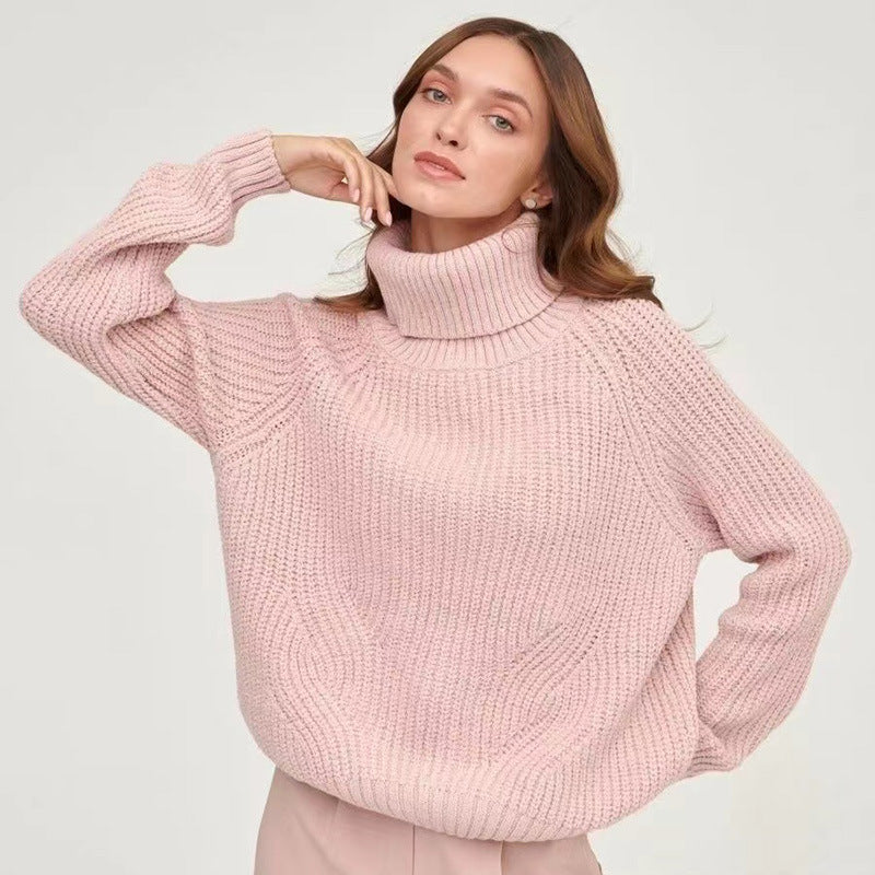 Women's Turtleneck Sweater Knitted Loose New Turtleneck Thickened Autumn And Winter Sweater Turtleneck Solid Color Casual Mid-length Sweater