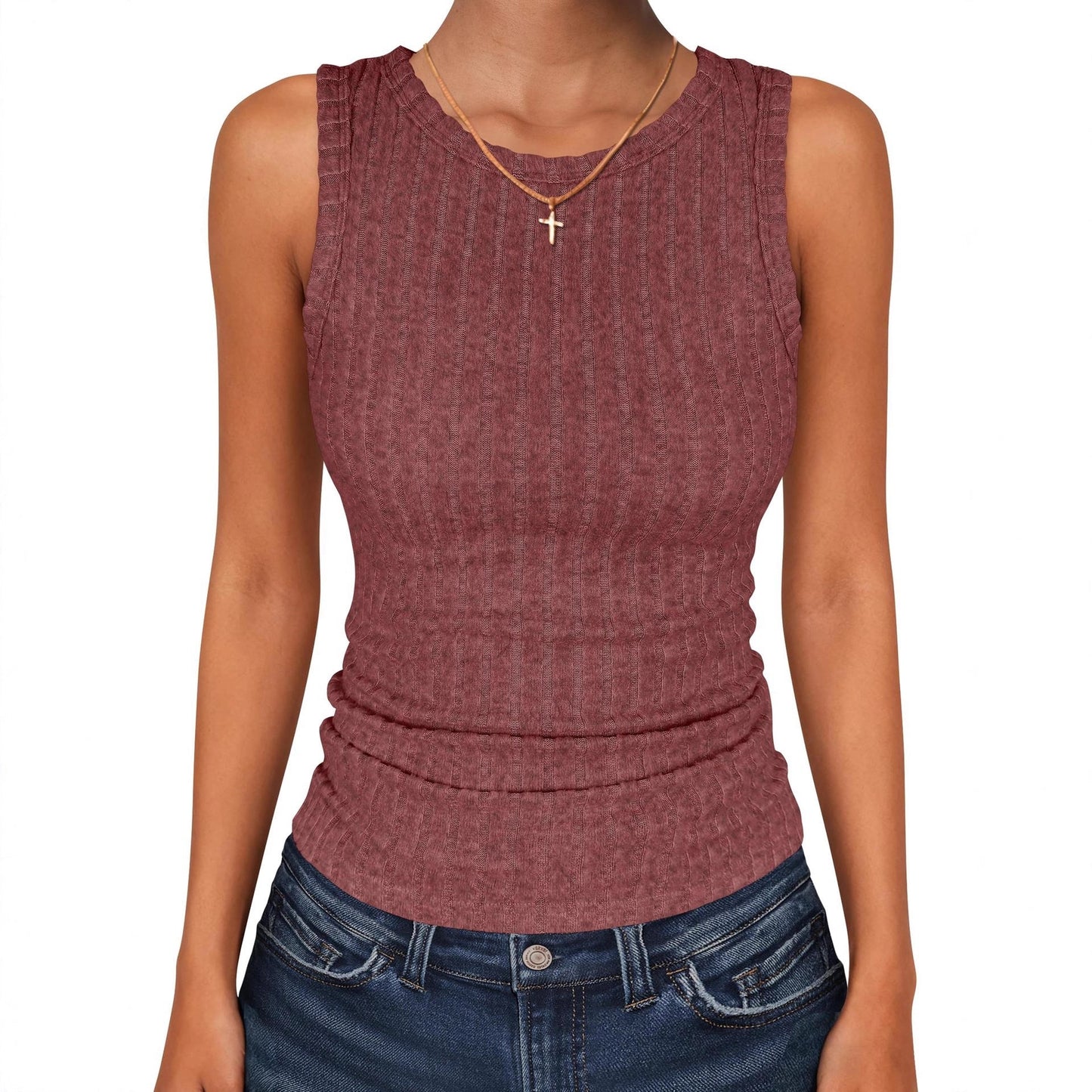 Womens Round-Neck Casual Sleeveless Solid-Color Knitted Vest