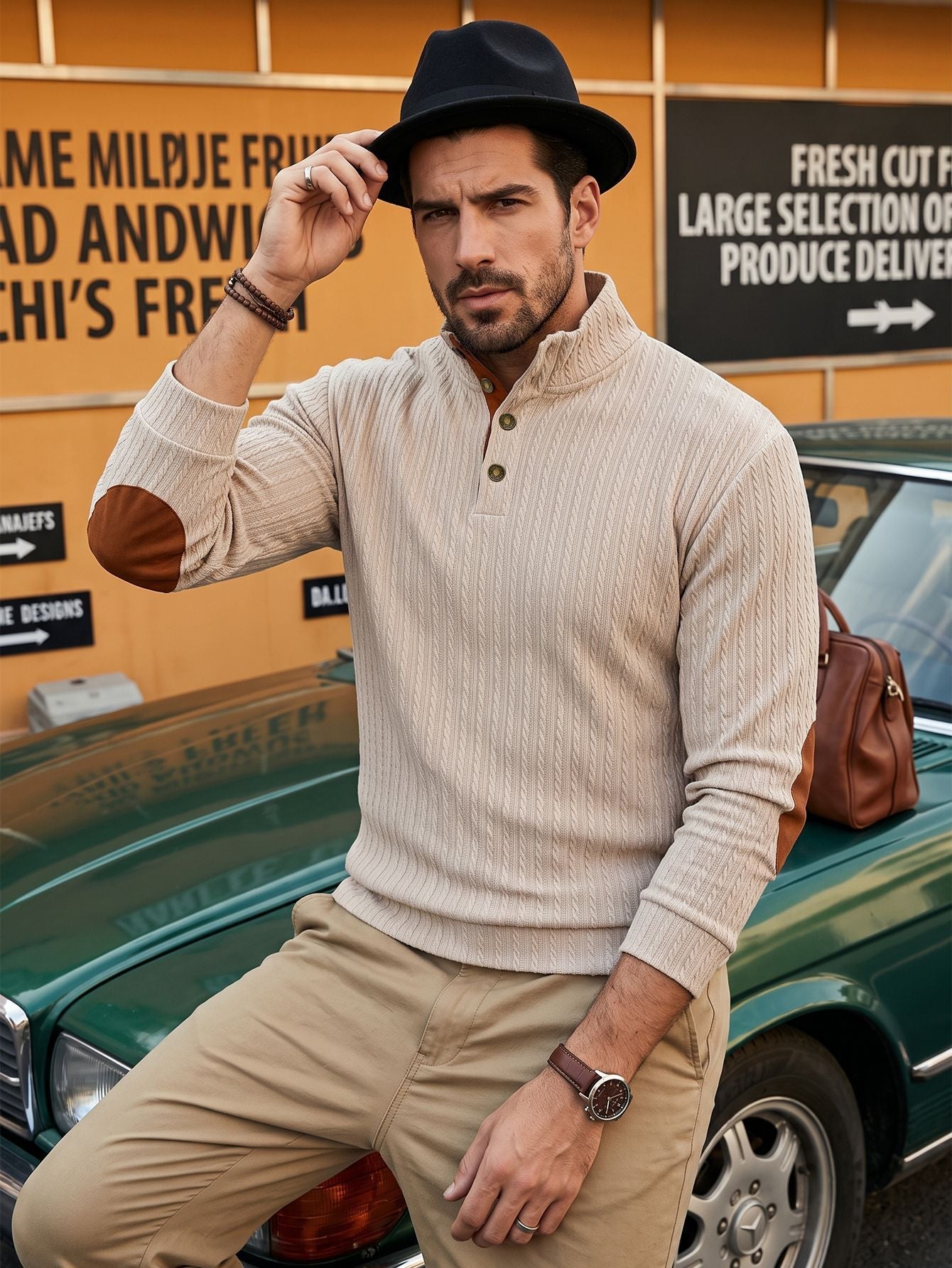 American-style Mens Top With A Stand-up Collar And Textured Jacquard Weave
