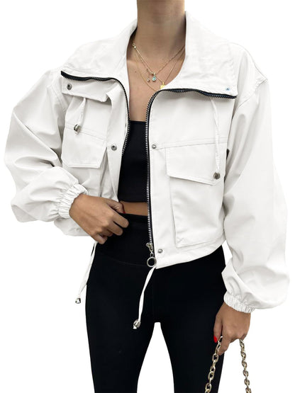 Cross-Border European And American Autum New Women's Pure Color Women's Short Jacket Zipper Windbreaker Jacket
