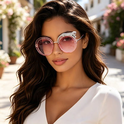 New Anti-Blue Light Glasses For Women With Leopard Head And Diamond Embellishments, European And American Style Round Frame Sunglasses, Trendy Large Frame Sun Protection Sunglasses With A High-End Fee