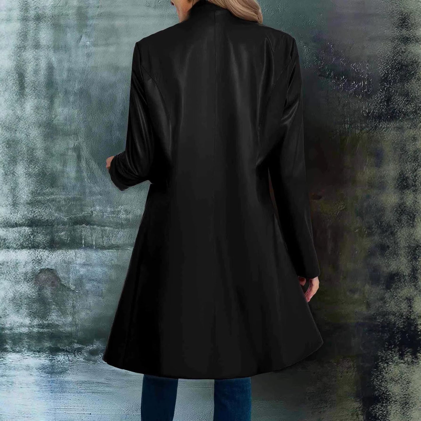 Retro Black Color-block Collar Leather Jacket Trench Coat