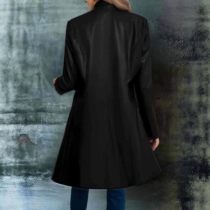 Retro Black Color-block Collar Leather Jacket Trench Coat