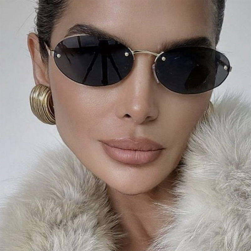 Oval Rimless Sunglasses With Rivets 2024 New Style