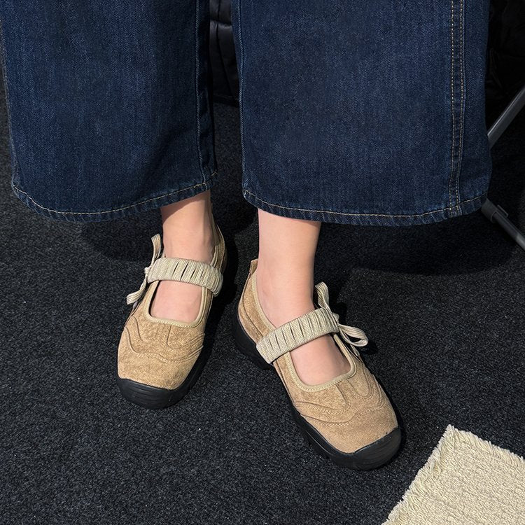 Women's High Wedge Platform Pumps, Soft Leather Single Strap Sporty Mary Jane Shoes With Bow, Shallow Mouth Flats