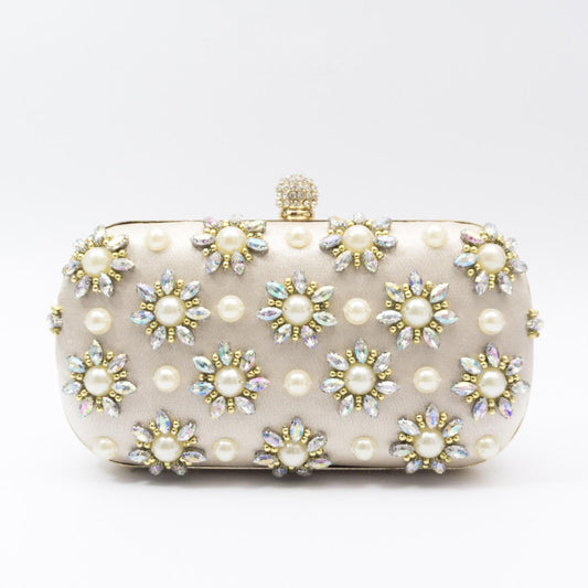 Pearl-Color Diamond Flower Evening Bag For Formal Wear