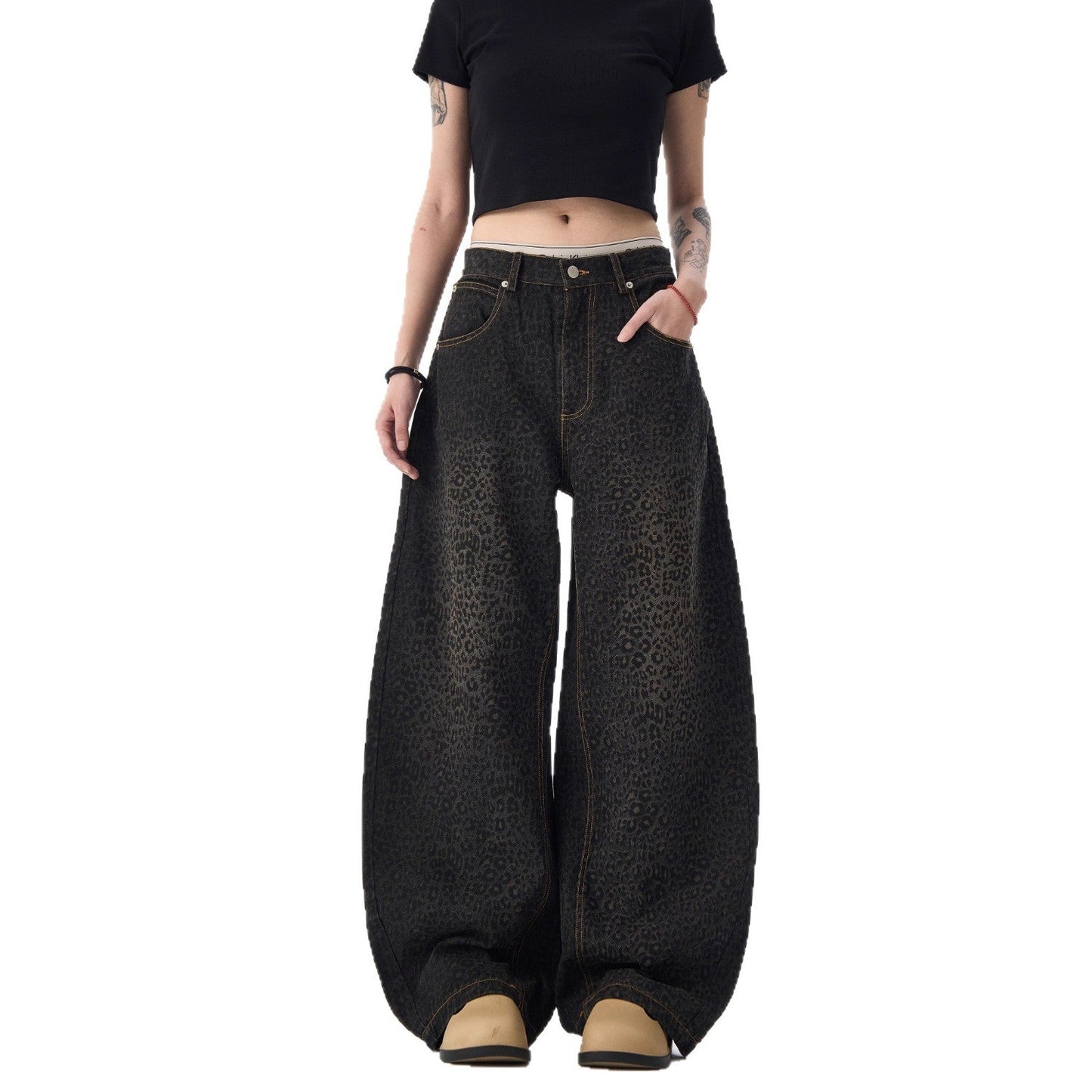 Retro Leopard-Print Bootcut Jeans For Women