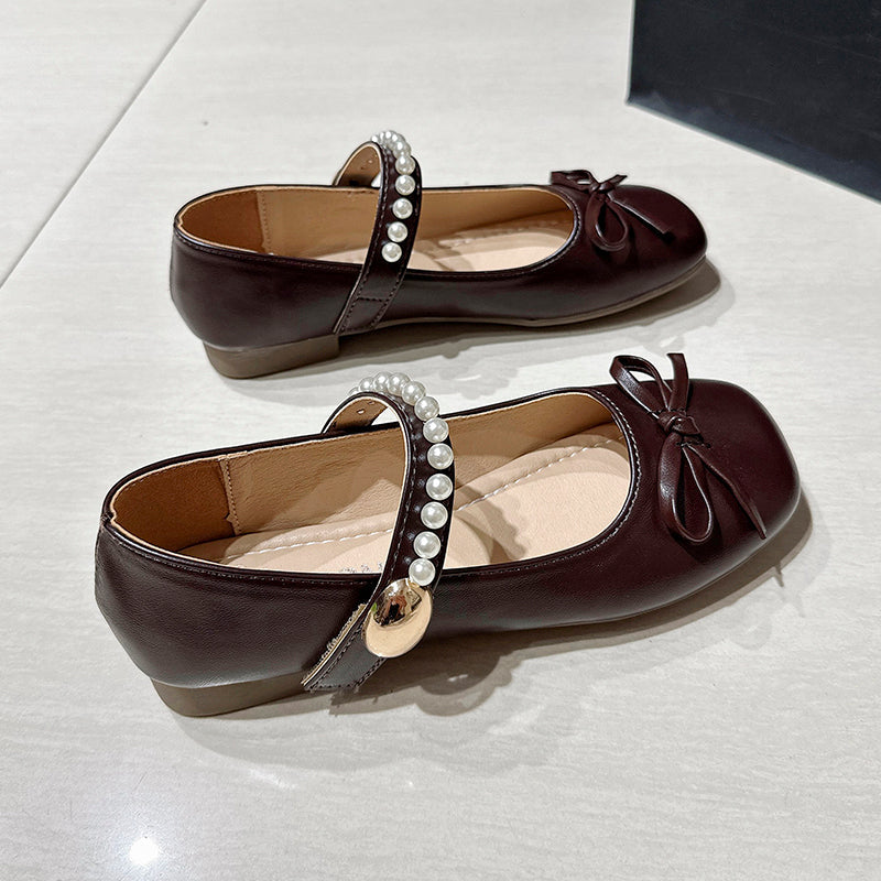 Girls & Women Gentle Style Pearl Mary Jane Flats, Bow Decoration Non Slip Soft Sole Hook And Loop Dress Shoes For Spring Autumn