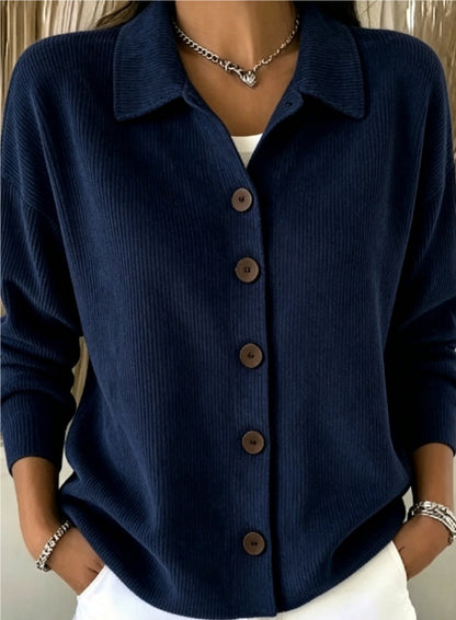 Womens Solid-Color Long-Sleeve Cardigan Polo Shirt
