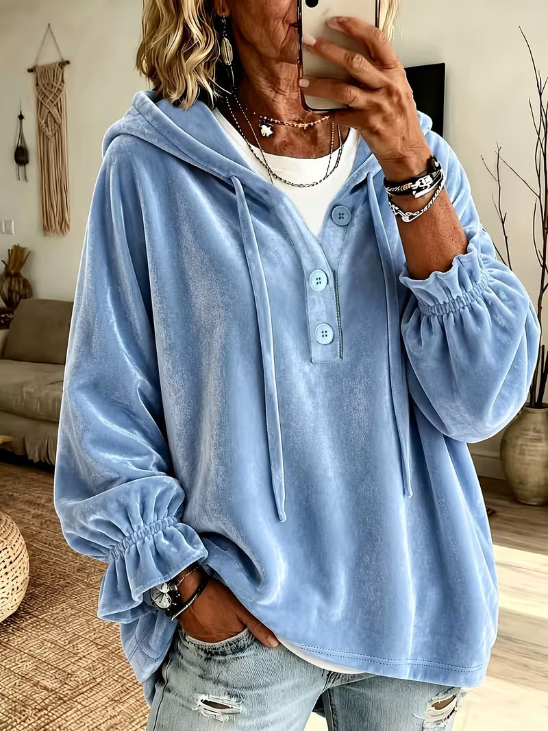 Annuo Fall Winter New Women Fashion Casual Loose Hooded Button Sweatshirt Top