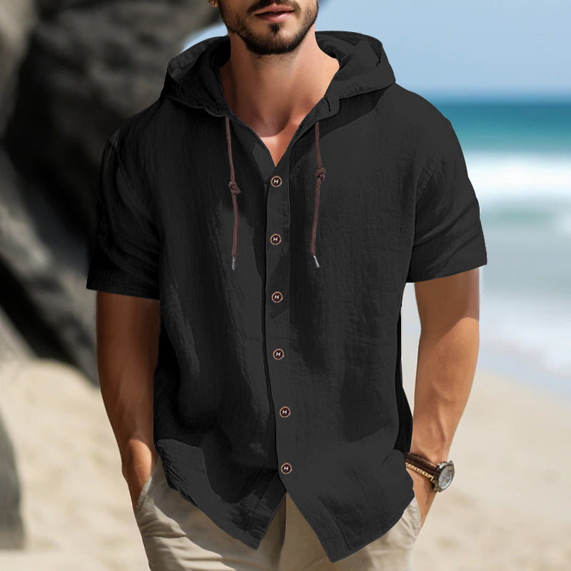 Cross-border Men's Sports Casual Comfortable Short-sleeved Shirt Hooded Fashion Sweater Cardigan Trendy All-match Loose T-shirt