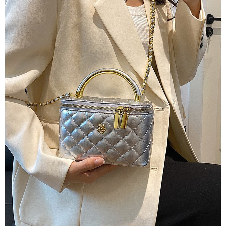 Women's Shoulder Diamond-pattern With Embroidered Thread And Chain Handheld Box Bag