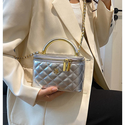 Women's Shoulder Diamond-pattern With Embroidered Thread And Chain Handheld Box Bag
