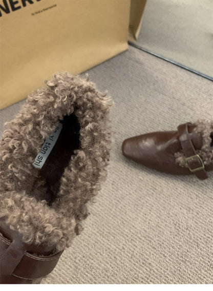 Block Heel Mary Jane Women Shoes Fleece Lined Pumps 2025 Autumn Winter New Warm Deep Mouth Shoes Furry Shoes Outdoor Cotton Shoes