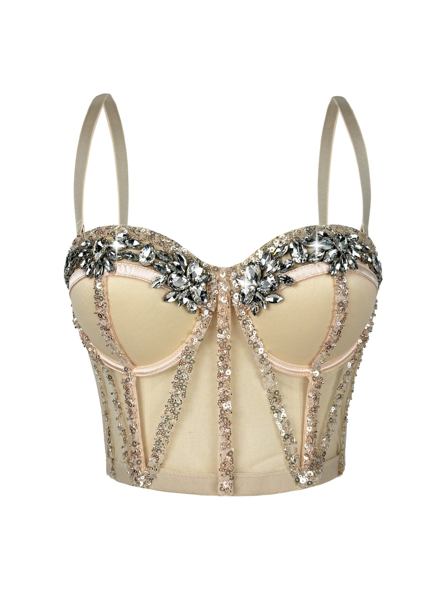 Cross-Border Rhinestone Mesh Fishbone Bra Semi-Transparent Sexy Slimming Suspender Tube Top Slimming  Diamond Fishbone Top Stage