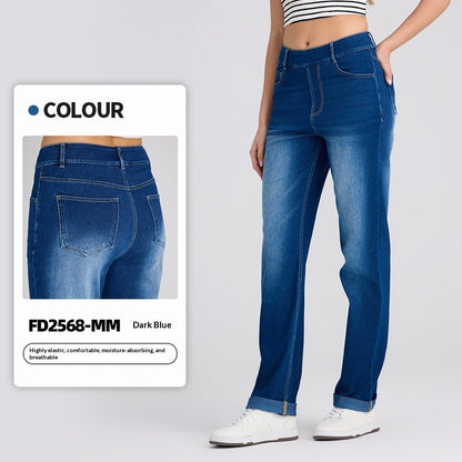 Cuffed Knitted Denim Straight-Leg Pants For Women