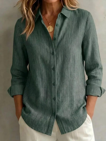 Womens Long-sleeved Linen Shirt With Blue And White Vertical Stripes