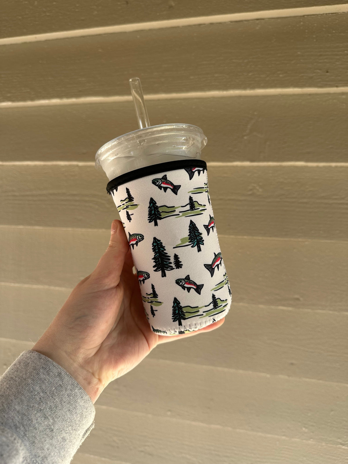 Trout and pines Coffee Sleeve | Reusable Neoprene Iced Coffee Cup Cover 16-24oz Cowboy Print Eco-Friendly Insulator for Grande & Venti Cups