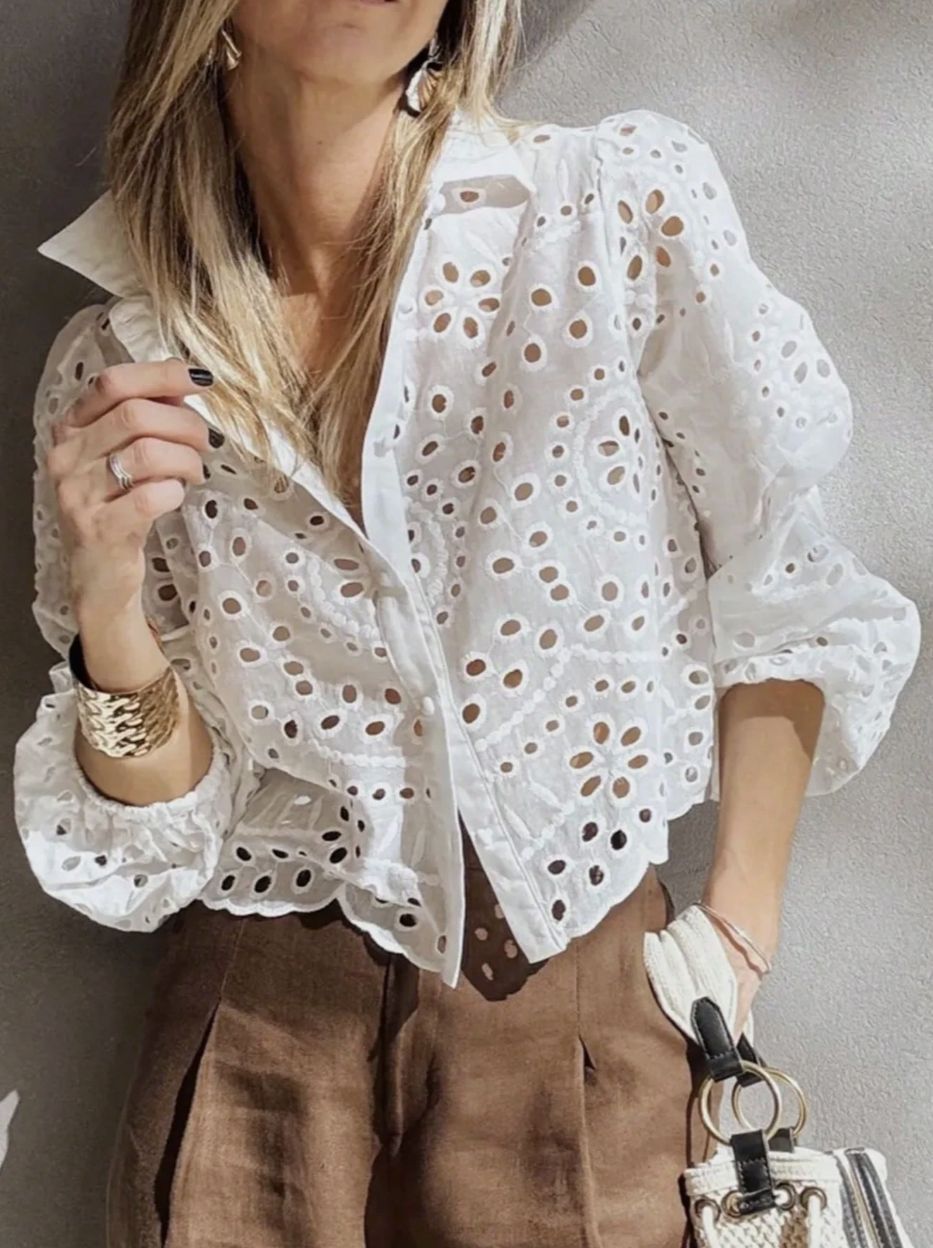 Women's Solid-color Loose-fit Hollow-out Embroidered Short Shirt