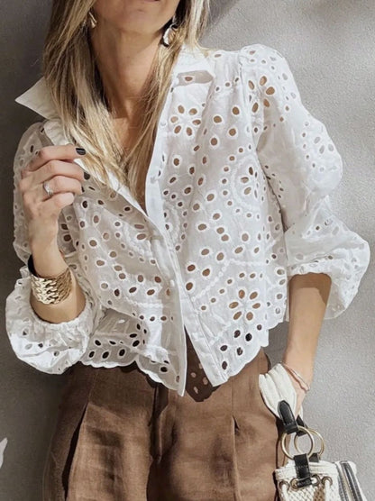 Women's Solid-color Loose-fit Hollow-out Embroidered Short Shirt