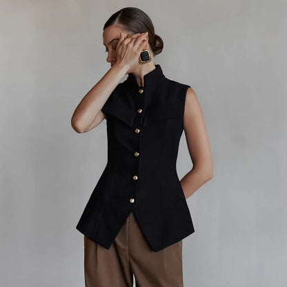 Designer-style Small Stand-up Collar Buttoned Sleeveless Vest