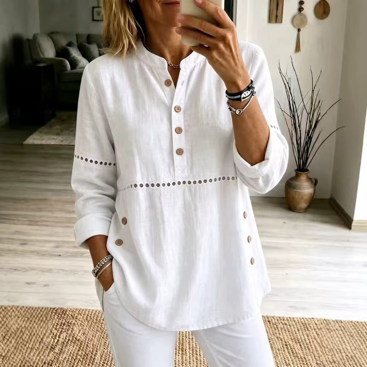 New Autumn And Winter Women's Clothing  Stand-up Collar Half-open Front Long-sleeved Top With Side Button Closure Loose Fit Casual Solid Color